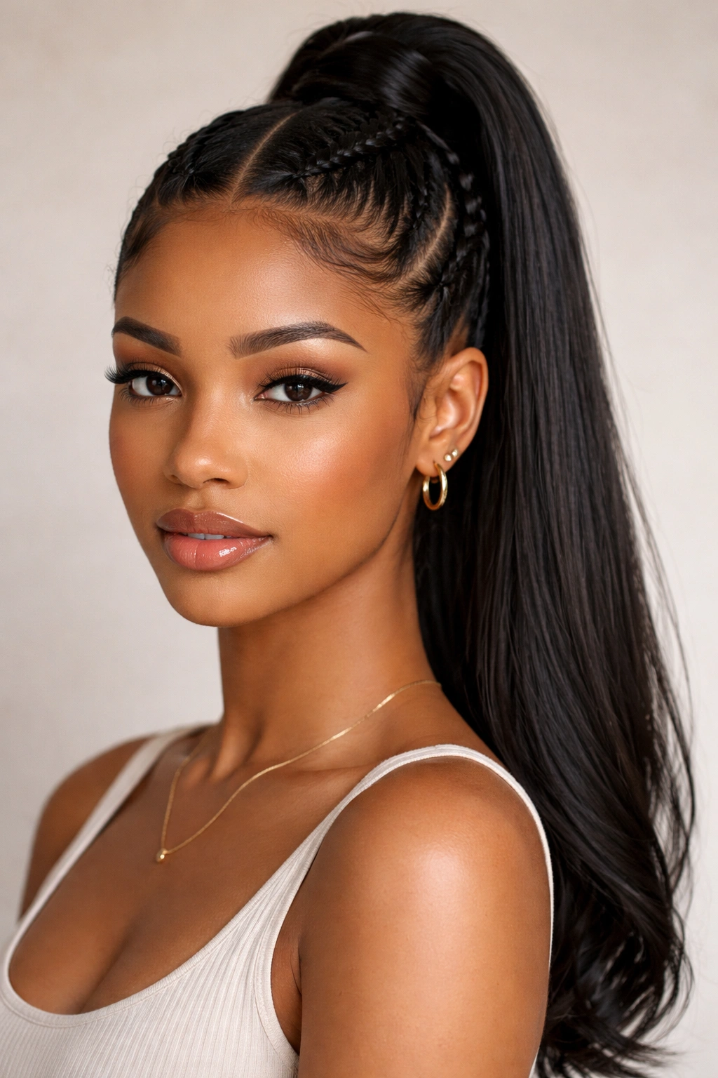 Close-up of Classic Two-Braid High Ponytail with face-framing feed-in braids