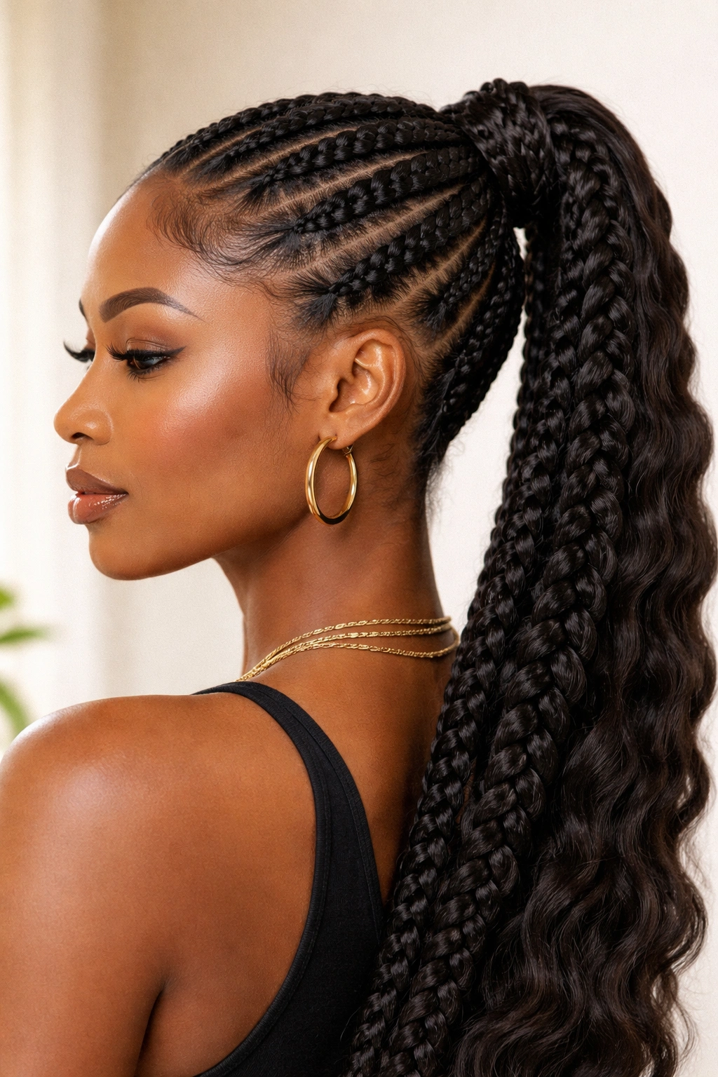 Feed-in braids blending into a natural-looking ponytail from the scalp
