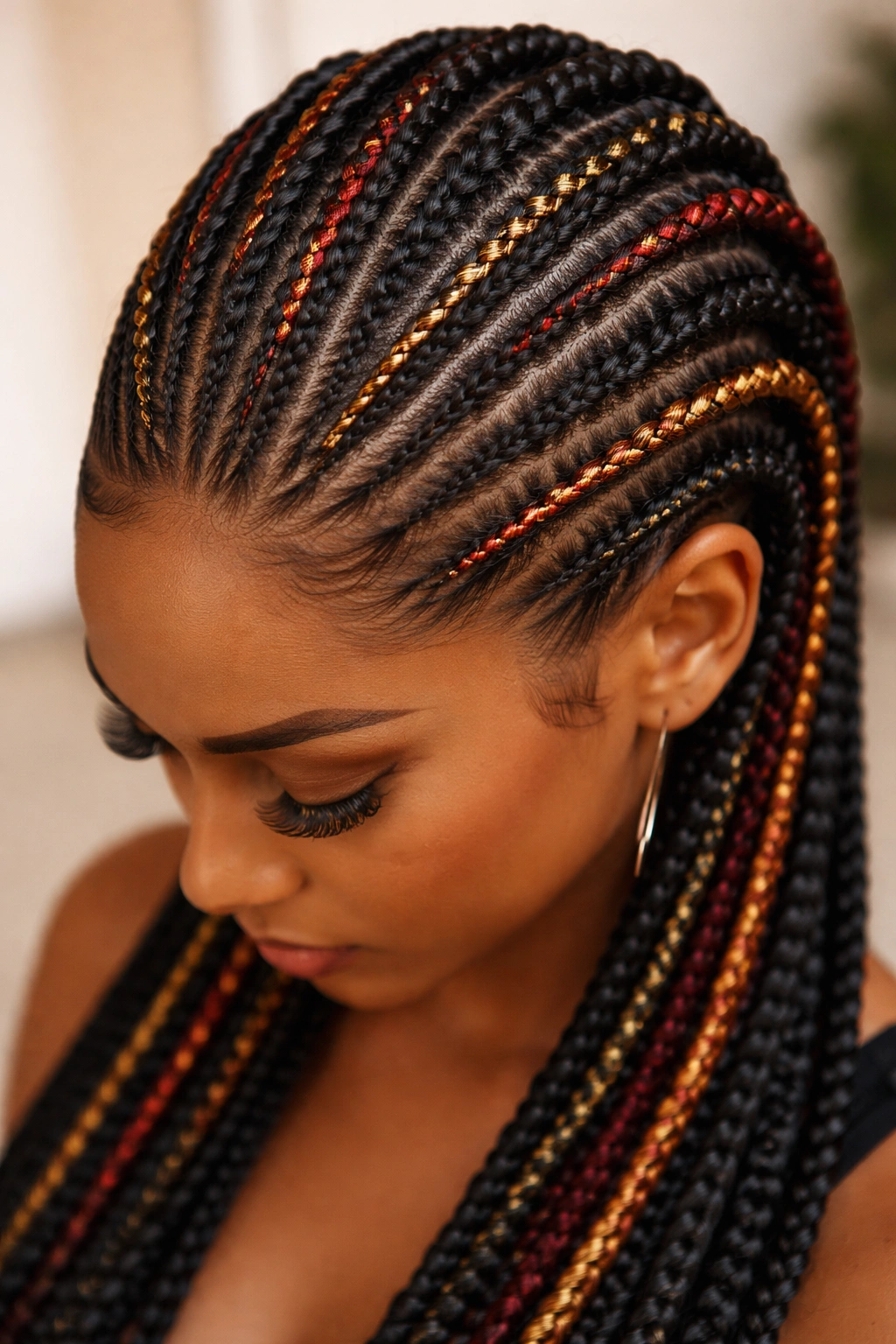 Close-up of feed-in braids with metallic threading weaving through tight roots