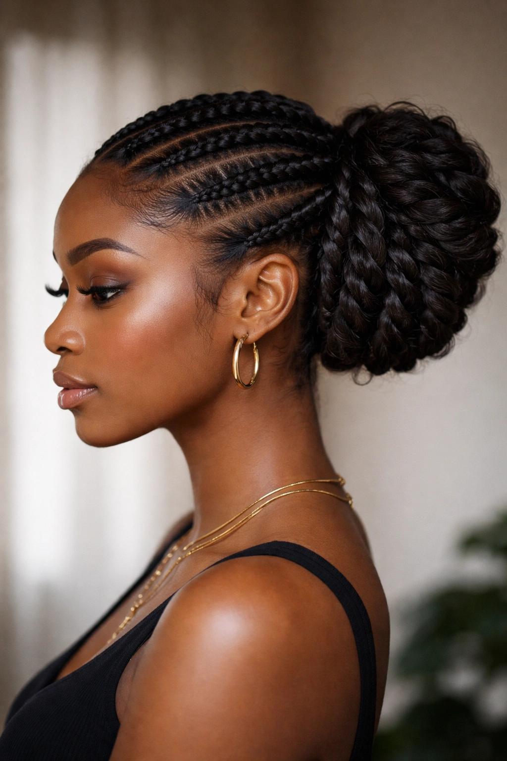 Profile portrait of a head with a twisted side bun formed by feed-in braids and twists
