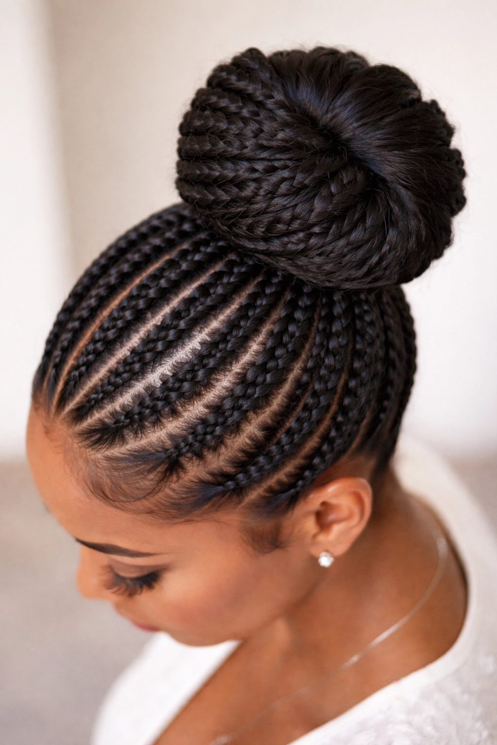 Feed-in cornrow braids forming a thick wrapped bun with extensions