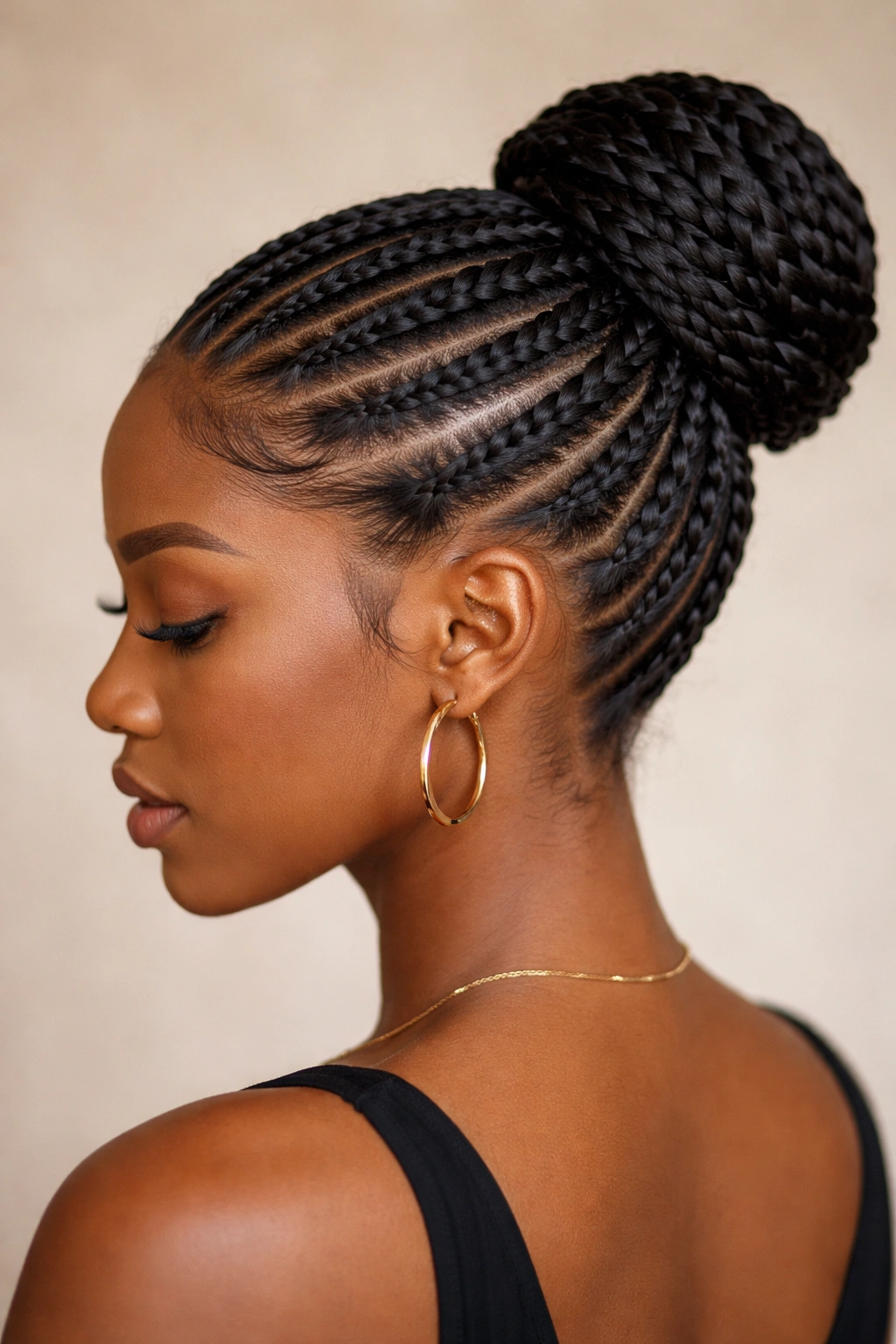 Close-up of a Black woman with feed-in cornrows flowing into a bun