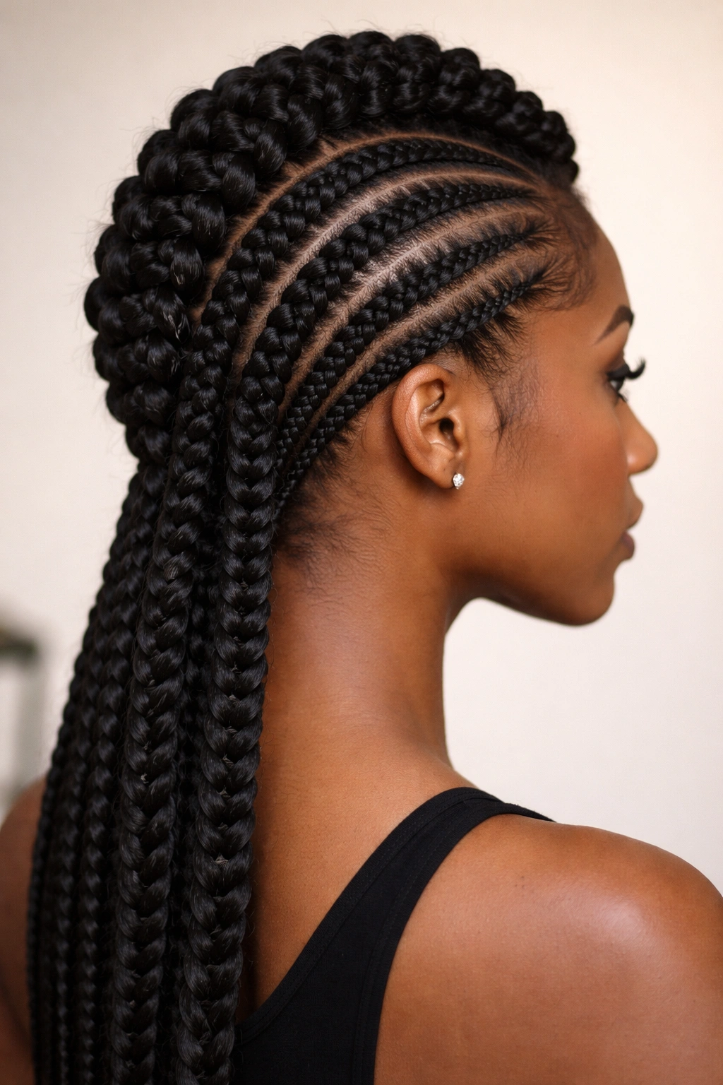 Feed-in cornrow mohawk with tapering braid along the center