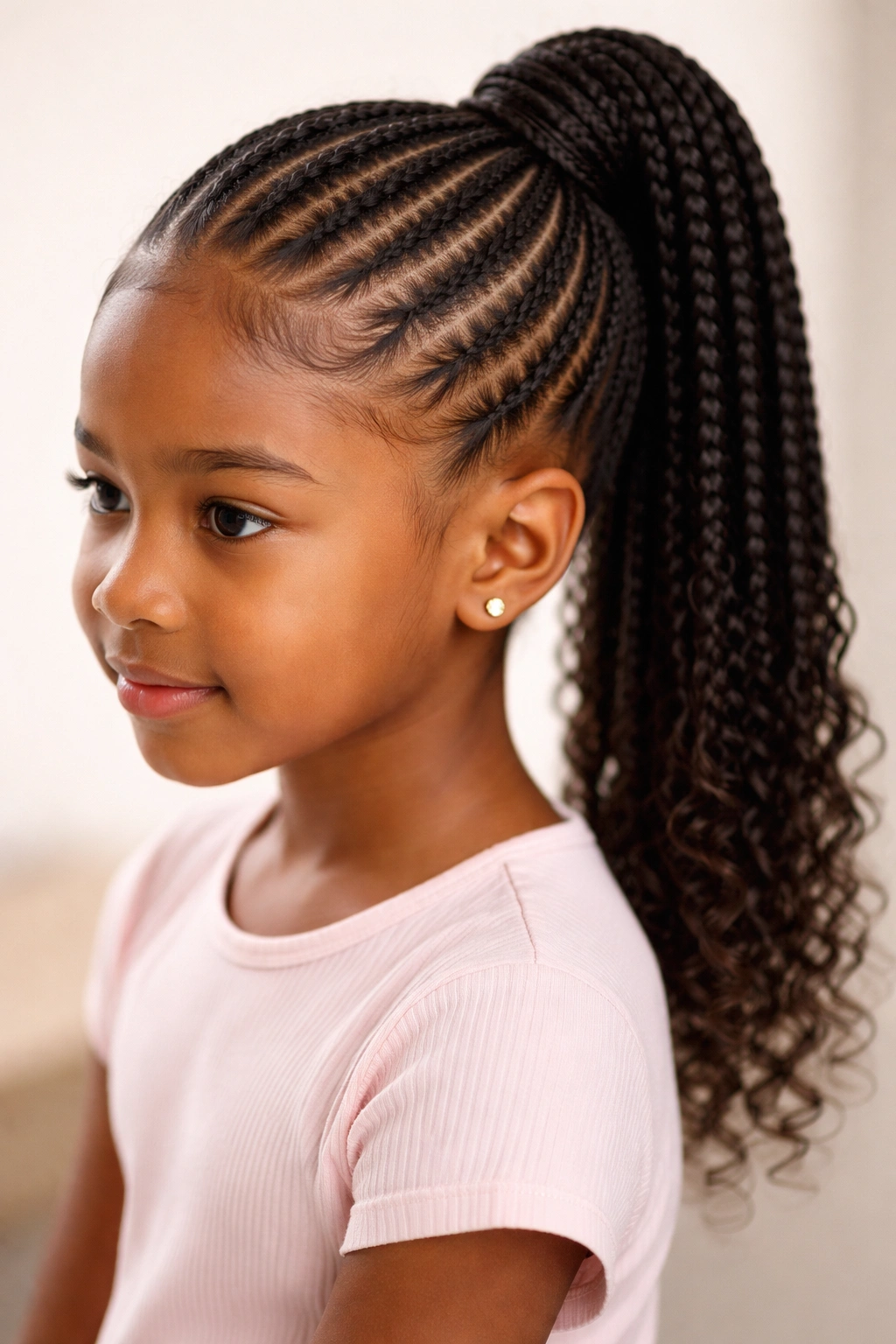 Close-up of feed-in cornrow ponytail showing gradual thickening braids