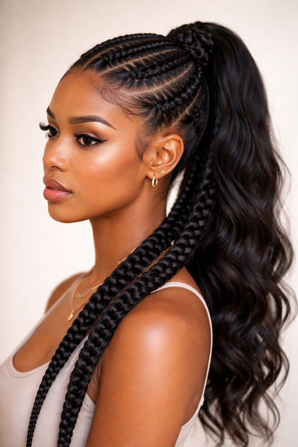 Feed-in cornrow ponytail with extensions for fuller, seamless braids