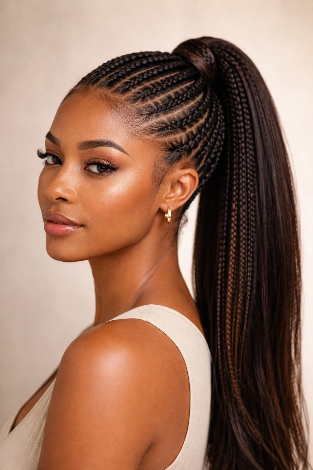 Close-up portrait of feed-in cornrow ponytail with gradual braid thickness on natural hair.