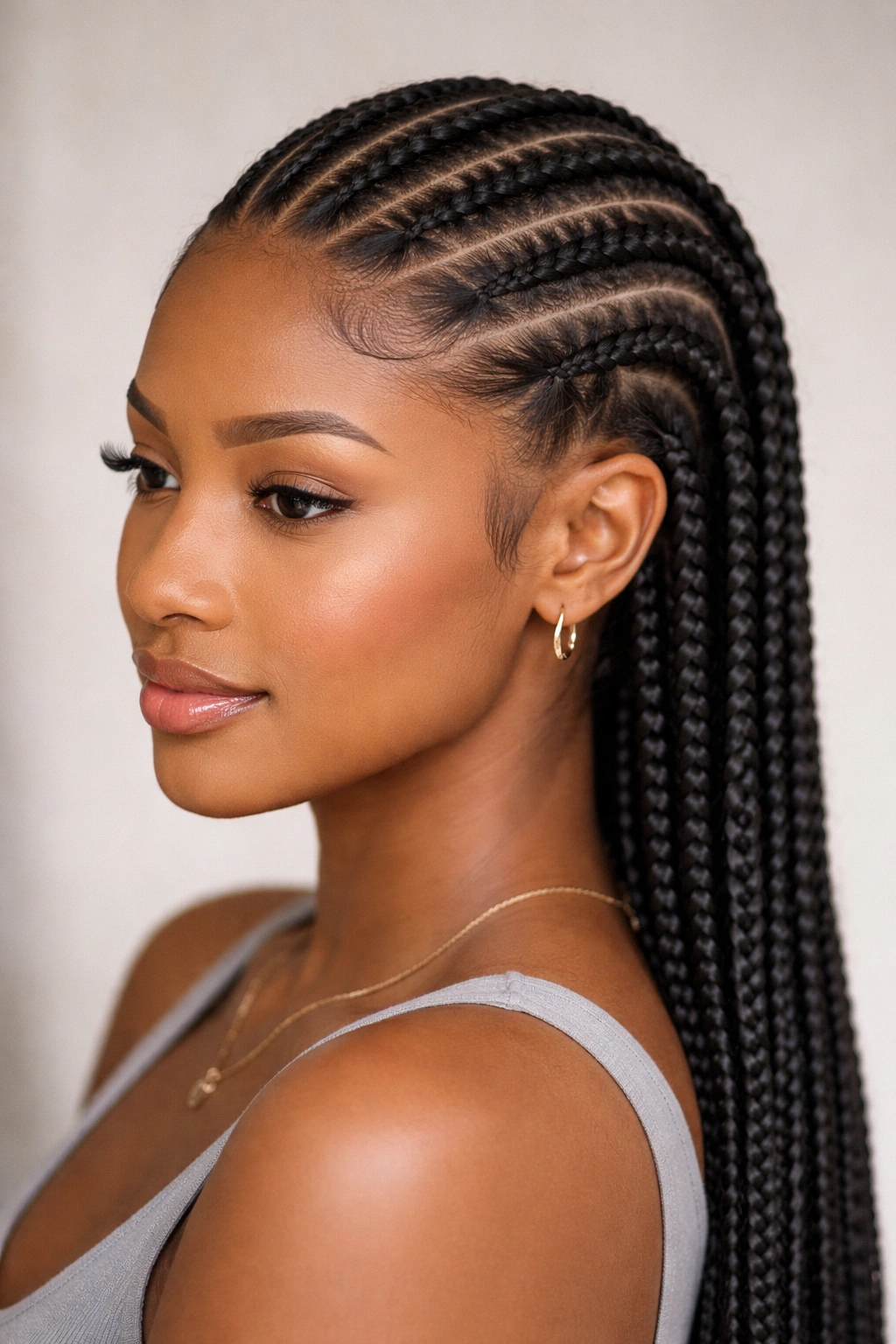 Close-up of feed-in cornrows with blended edges showing seamless root-to-tip transition