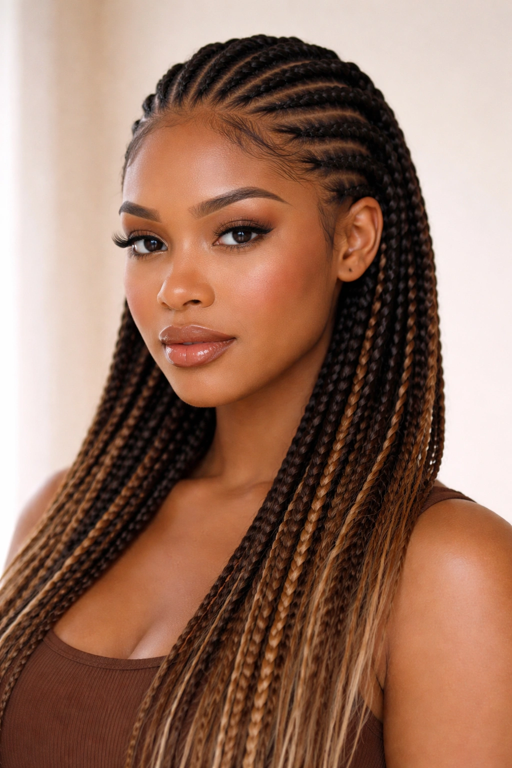 Portrait of feed-in cornrows with blended extensions