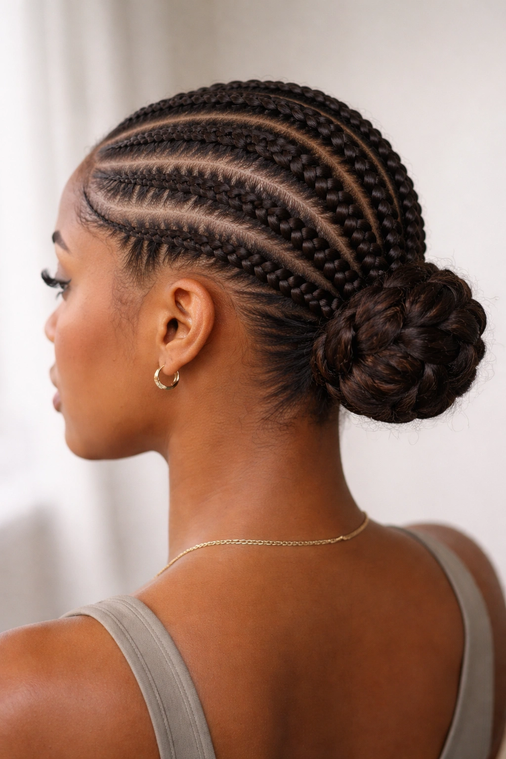 Cornrows feeding into a braided bun at back of head