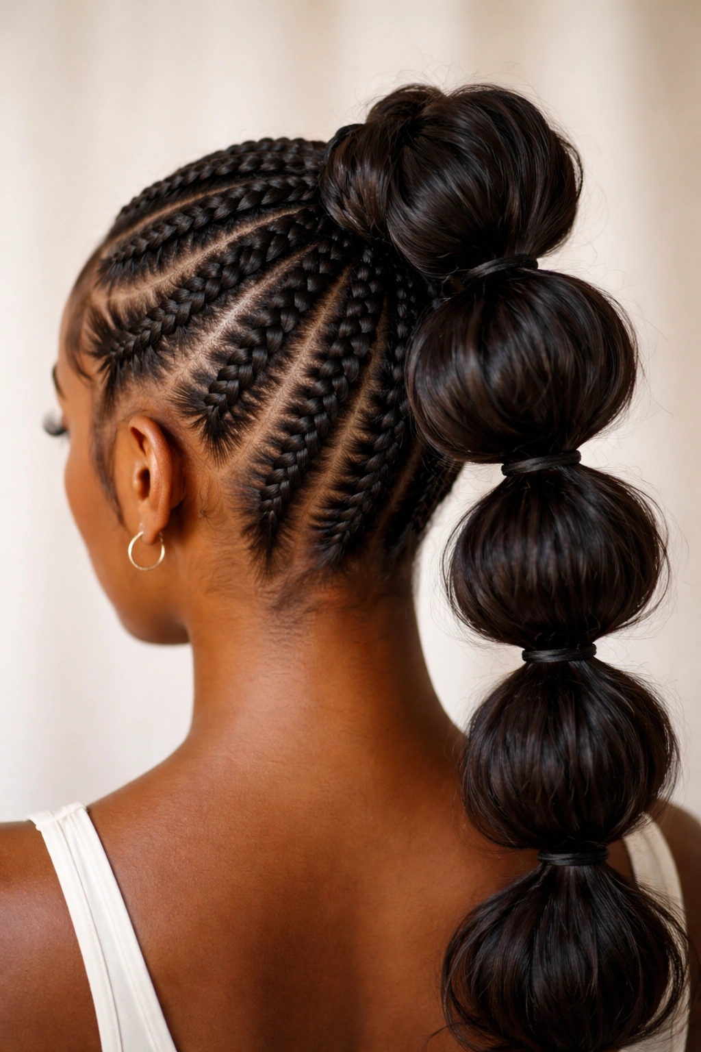 Top-down view of feed-in cornrows forming a high bubble bun