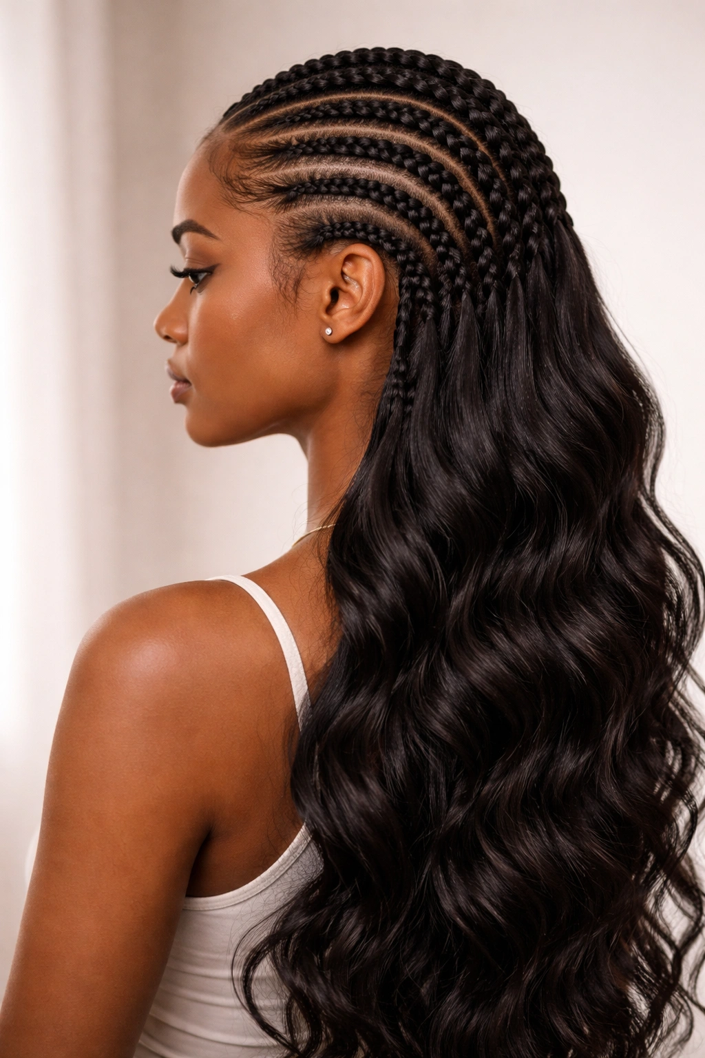 Close-up side profile of feed-in cornrows ending mid-length with cascading extension hair