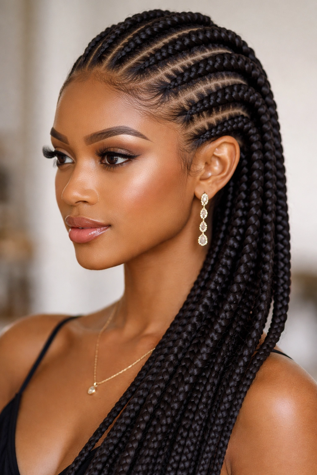 Close-up of feed-in cornrows showing graduated width from crown to ends