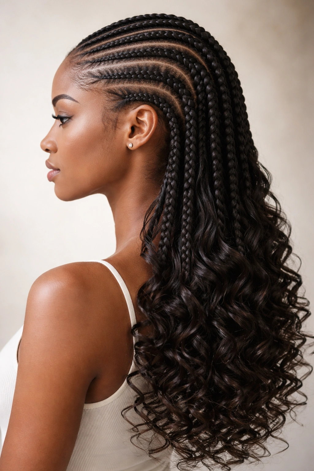 Side profile of cornrows transitioning to curled ends