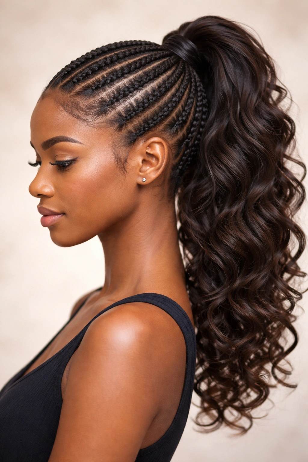 Feed-in Ghana cornrows with a curled ponytail in a studio portrait