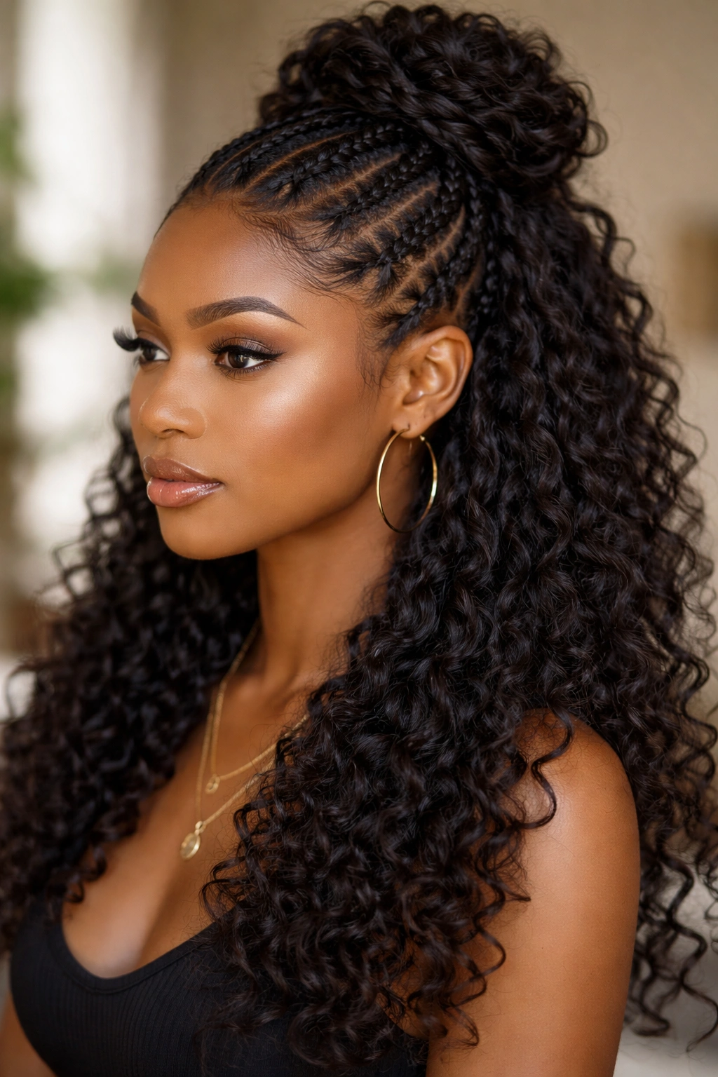 Bohemian feed-in cornrows with coily curls cascading below