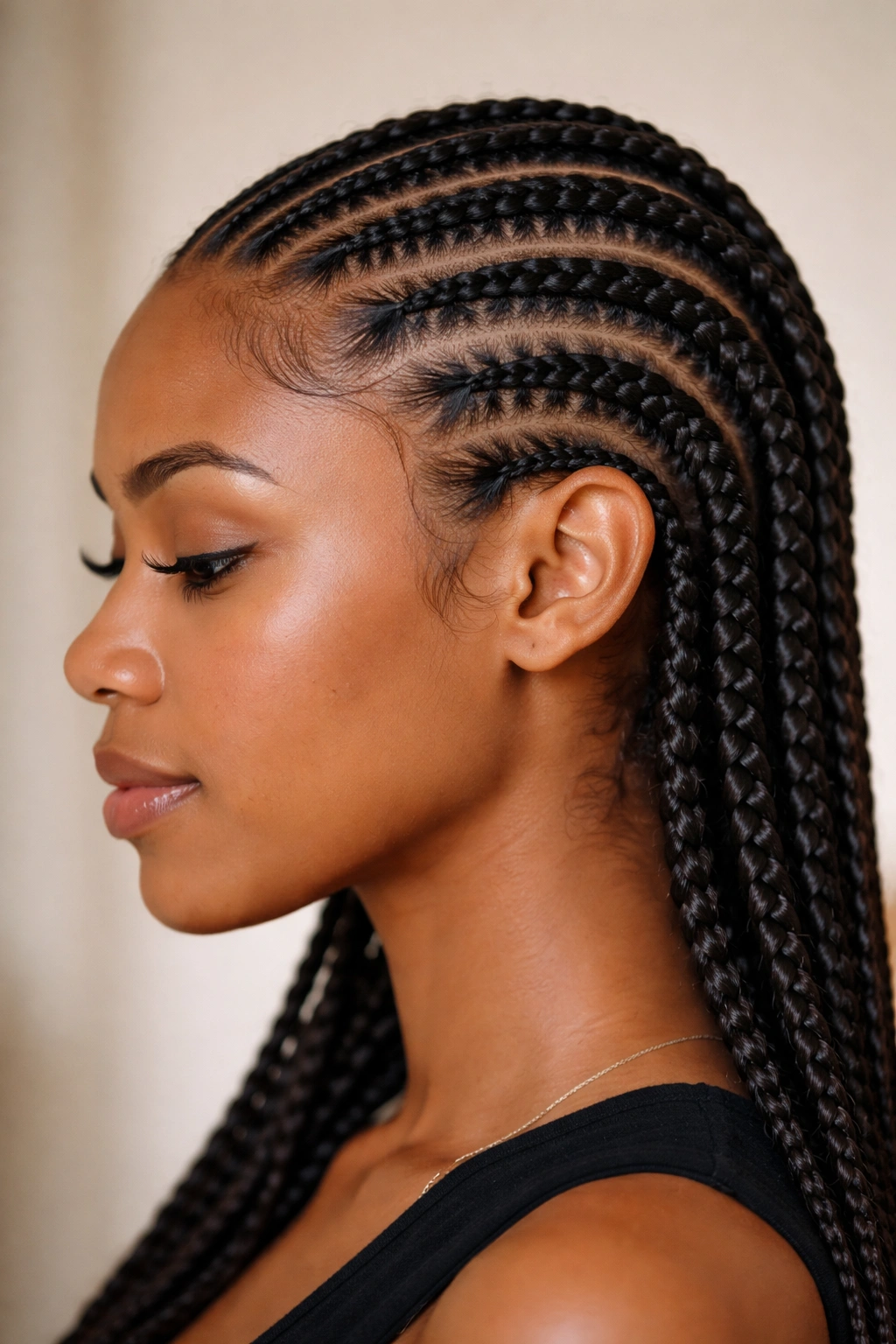 Profile view of feed-in cornrows starting behind the hairline with a small front gap