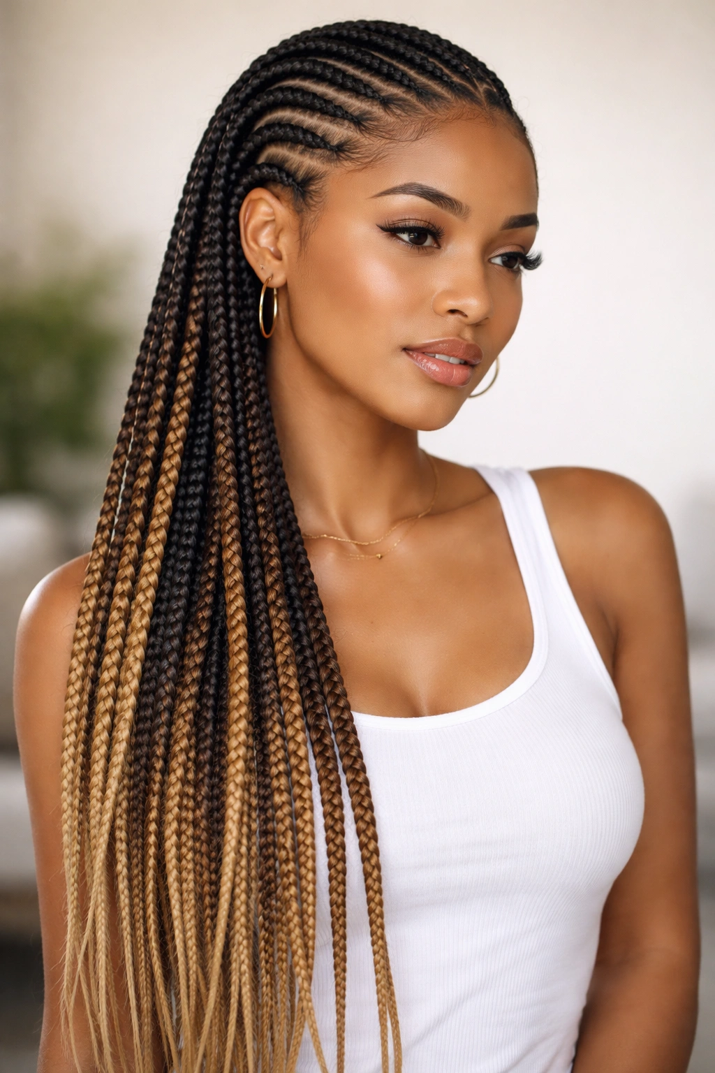 Close-up of feed-in cornrows showing gradual thickness along the scalp with extensions
