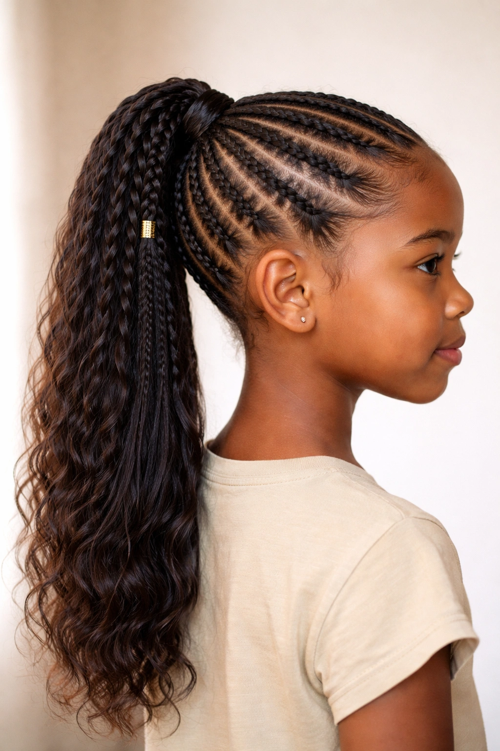 Cornrow ponytail with hair extensions on a child's head