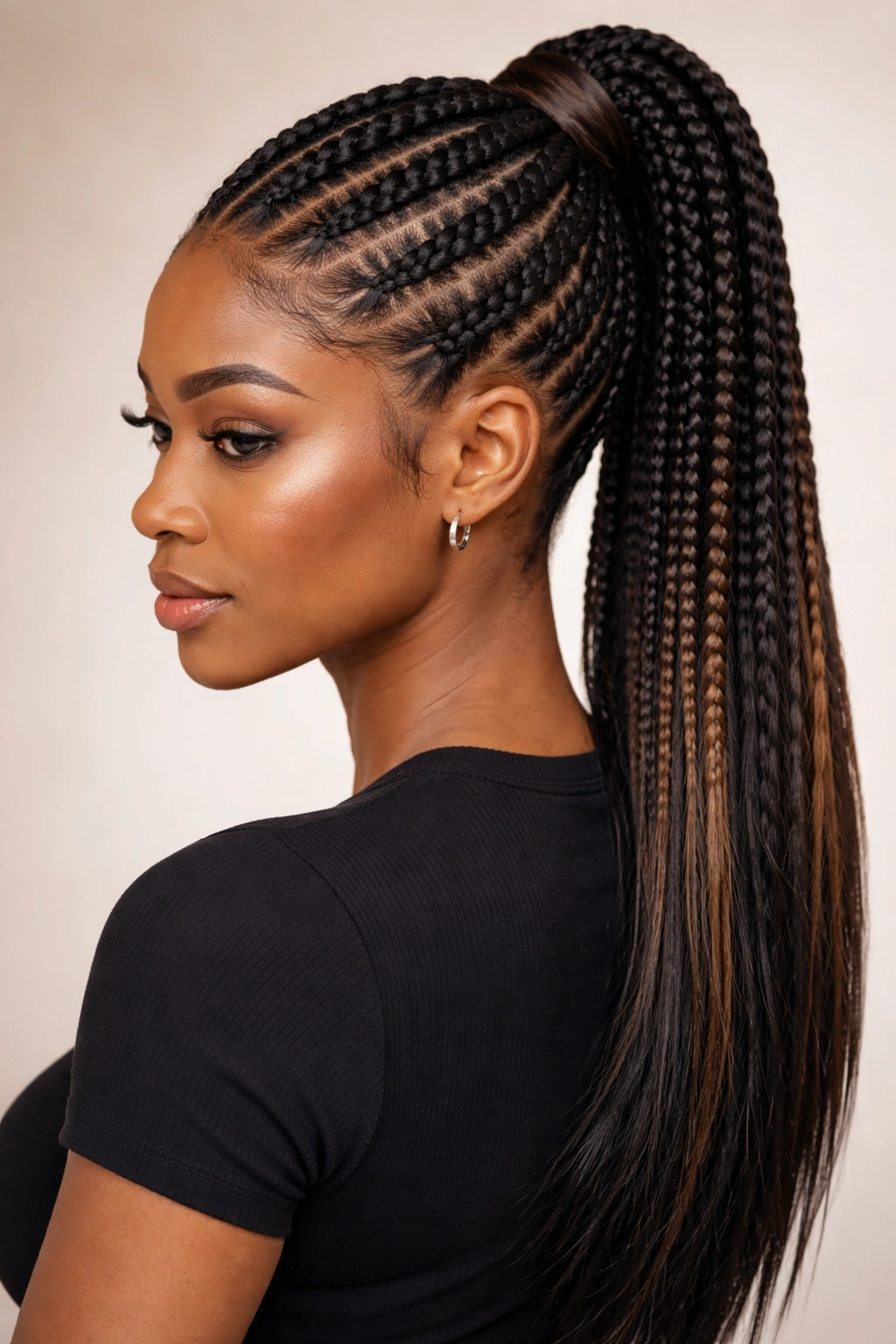 Cornrow ponytail with feed-in extensions showing fuller braids