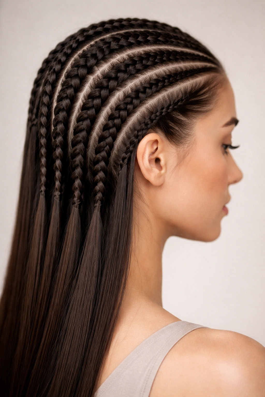 Close-up of feed-in cornrows showing gradient from thin to thick braids on straight hair