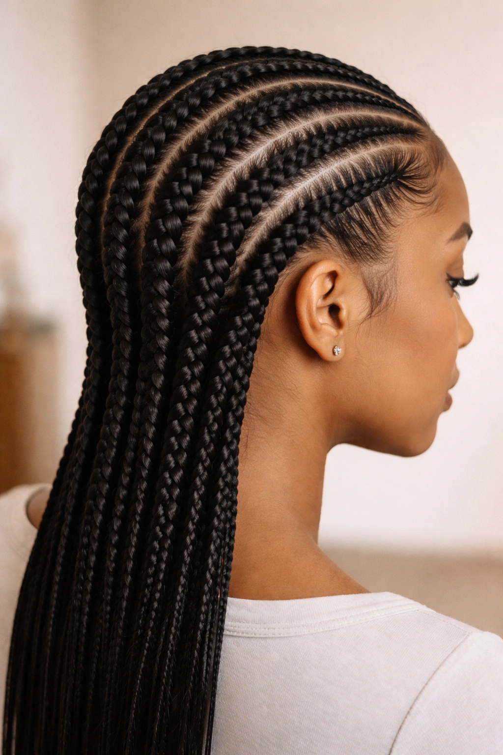 Close-up of feed-in cornrows showing gradual extension along the scalp