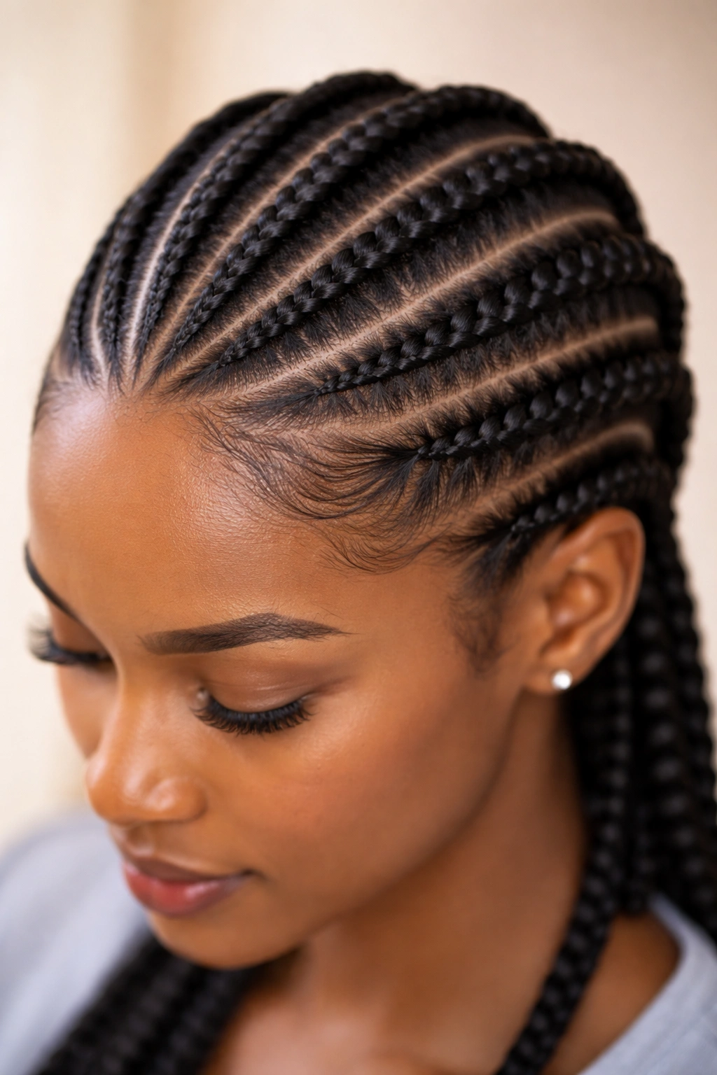 Close-up of feed-in cornrows along the scalp with a flat, refined hairline