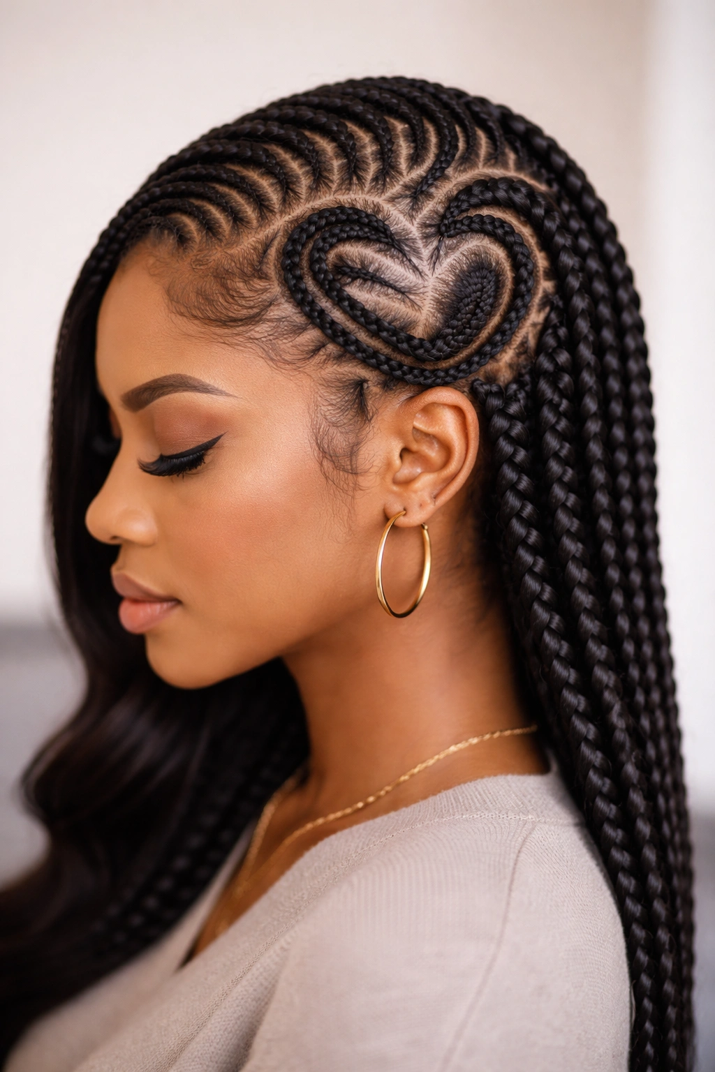 Close-up of feed-in heart cornrows with seamless extension integration