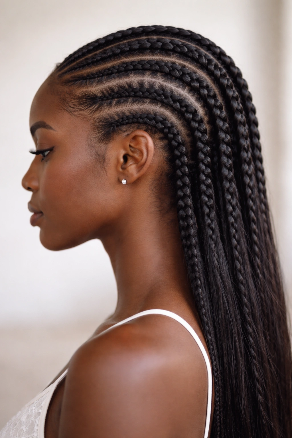 Close-up feed-in cornrows showing fuller length illusion with added hair