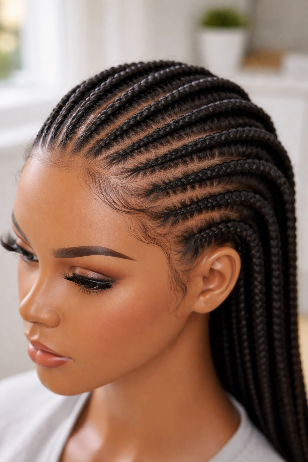 Close-up of feed-in cornrows starting away from the hairline for a natural look.