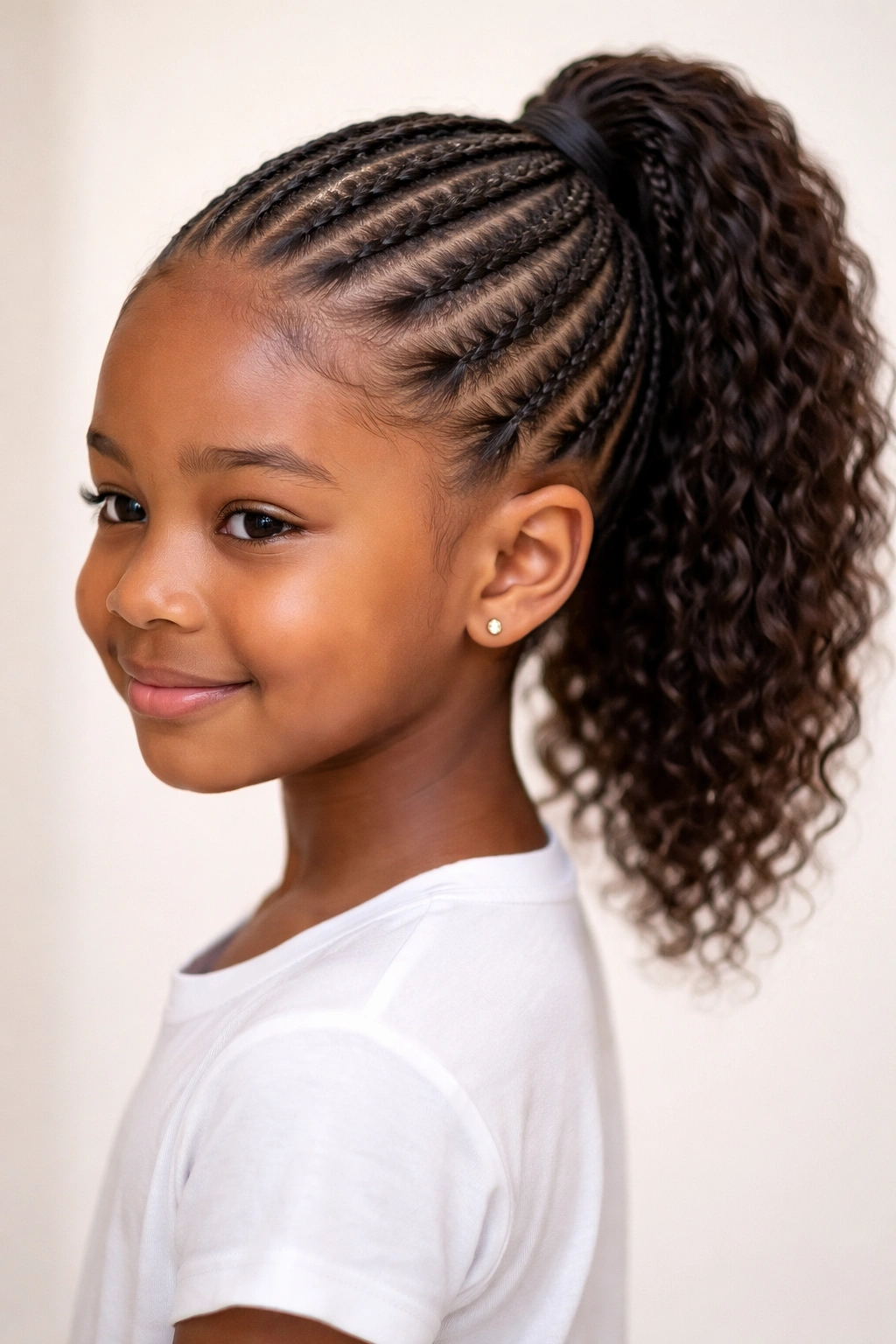 Feed-in cornrows converging into a gathered ponytail at the back.
