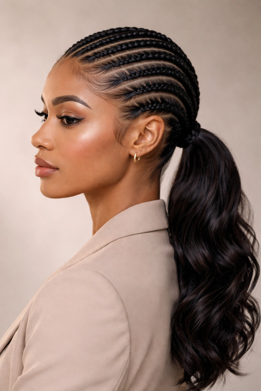Sleek feed-in cornrows into a low ponytail on curly hair with glossy finish