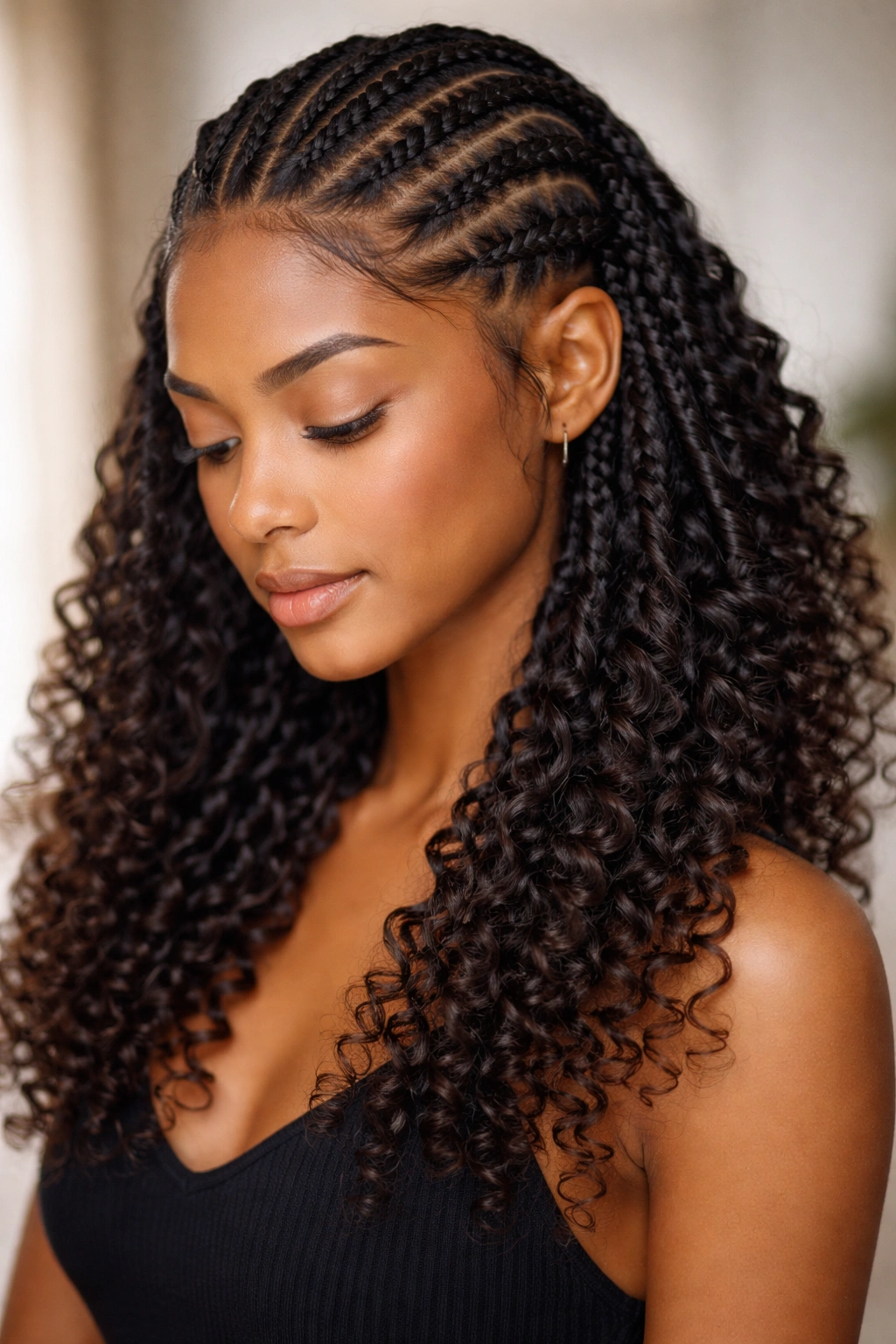 Feeding-in cornrows blending with ringlet curls at the ends, seamless and natural-looking
