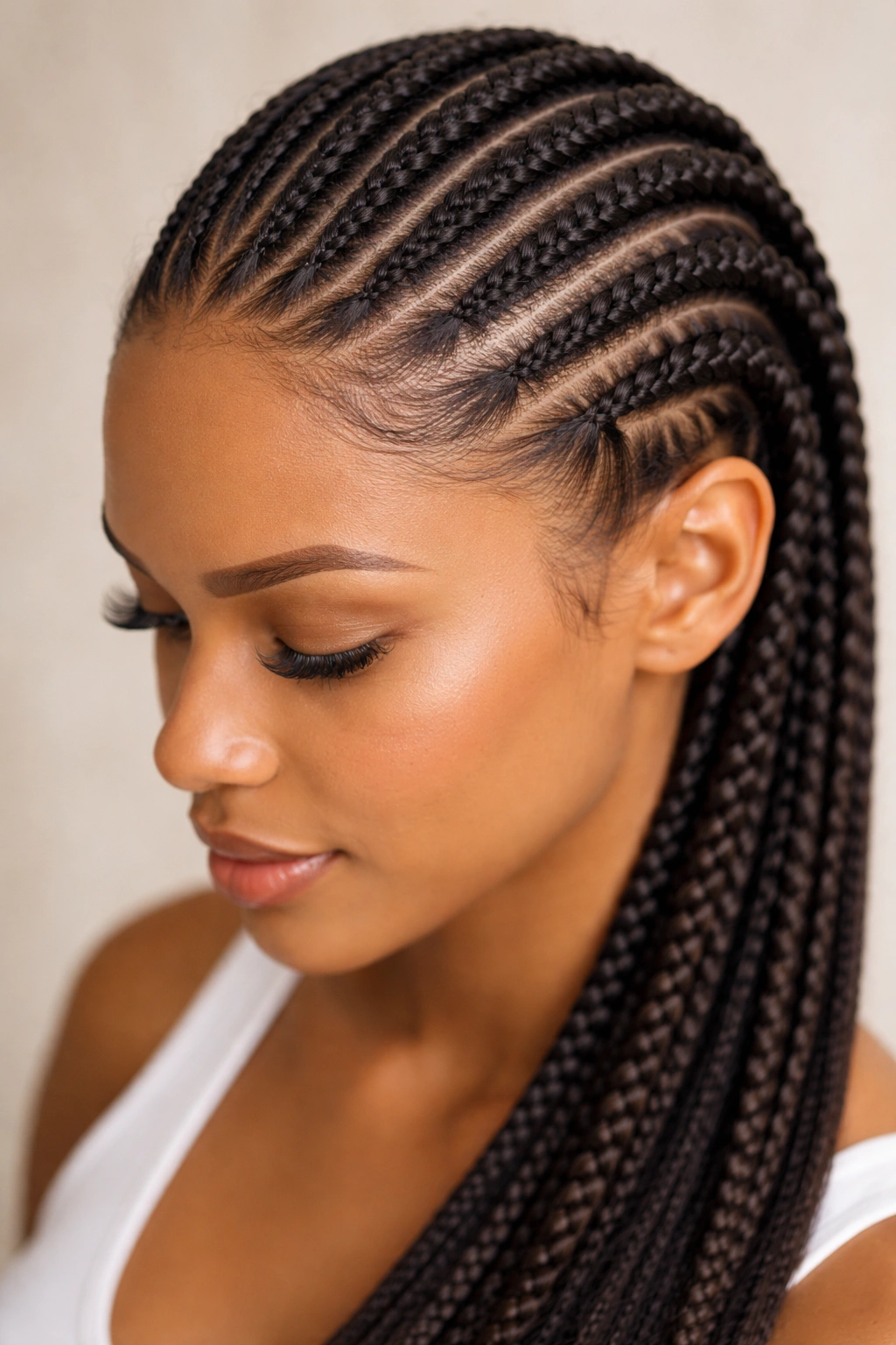 Close-up of feed-in cornrows showing seamless blend with natural hair at the hairline