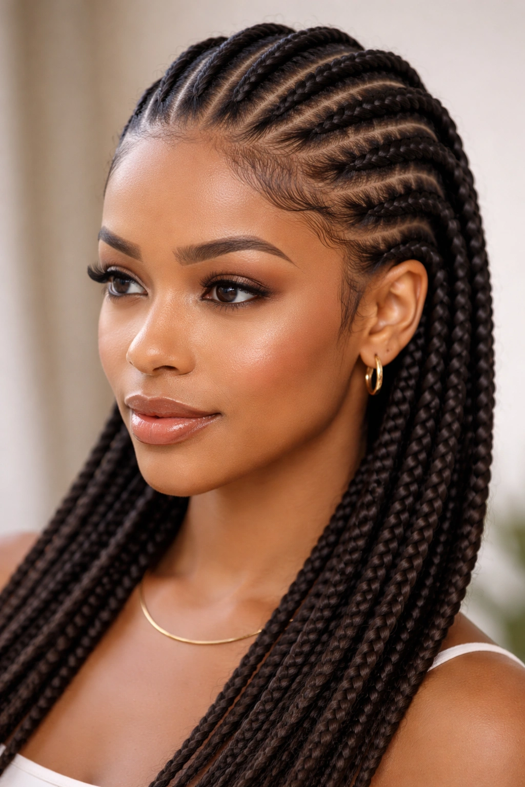 Close-up of feed-in cornrows with extensions seamlessly blended into braids