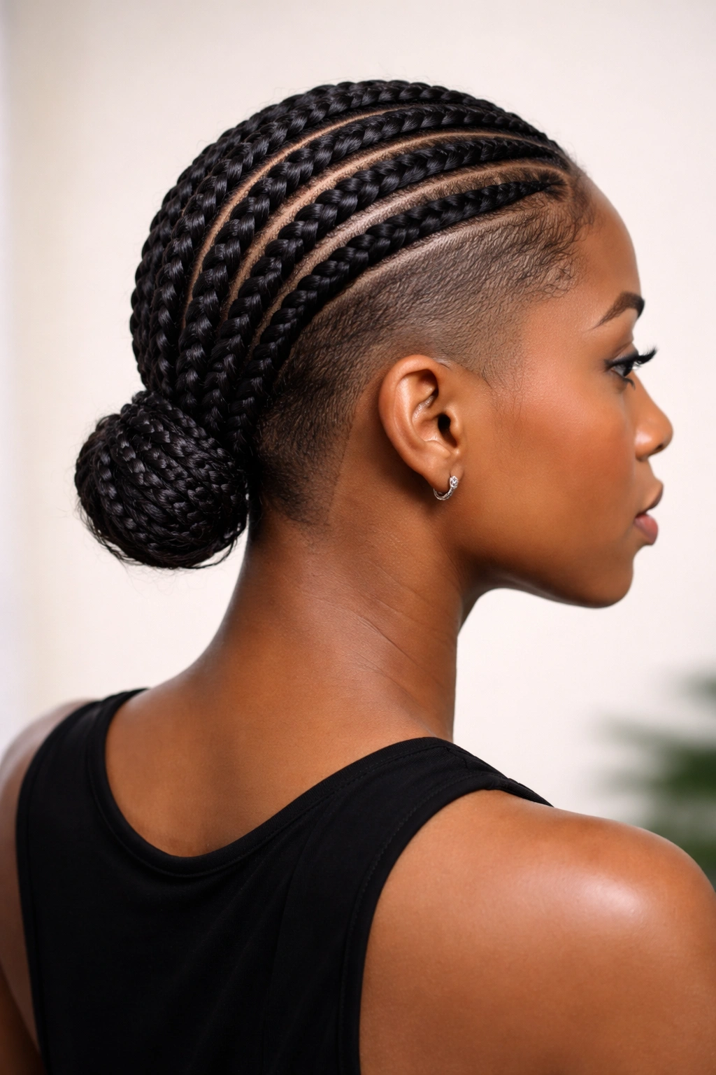 Center or back-running cornrows with shaved sides on short hair