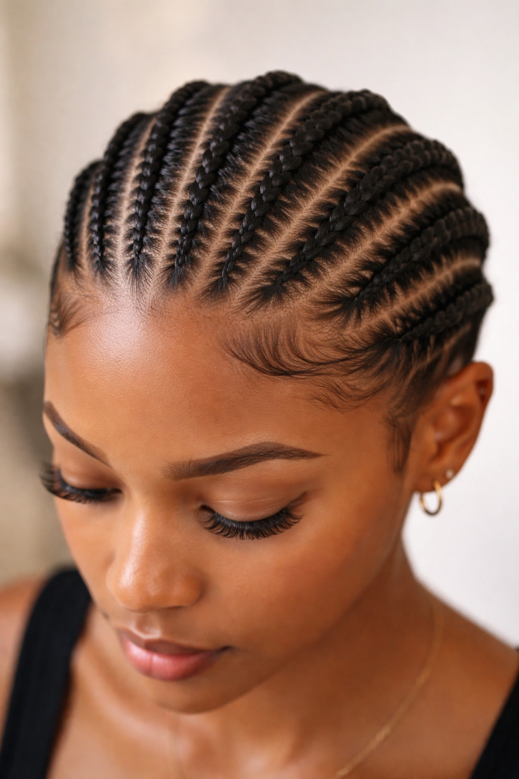 Close-up of short-hair feed-in cornrows highlighting braid pattern and scalp texture