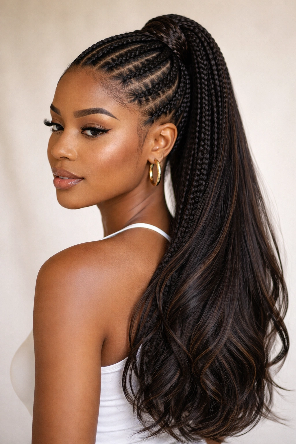 Cornrow ponytail featuring feed-in extensions for added volume and length.