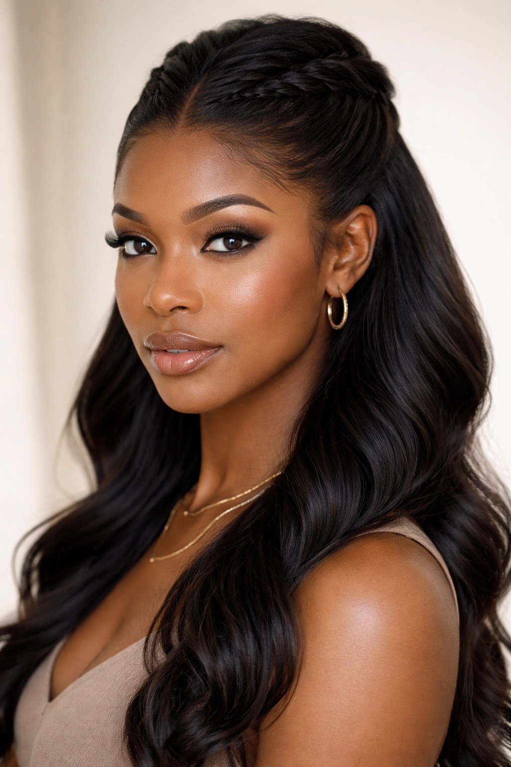 Seamless feed-in fishtail half-up with smooth transition
