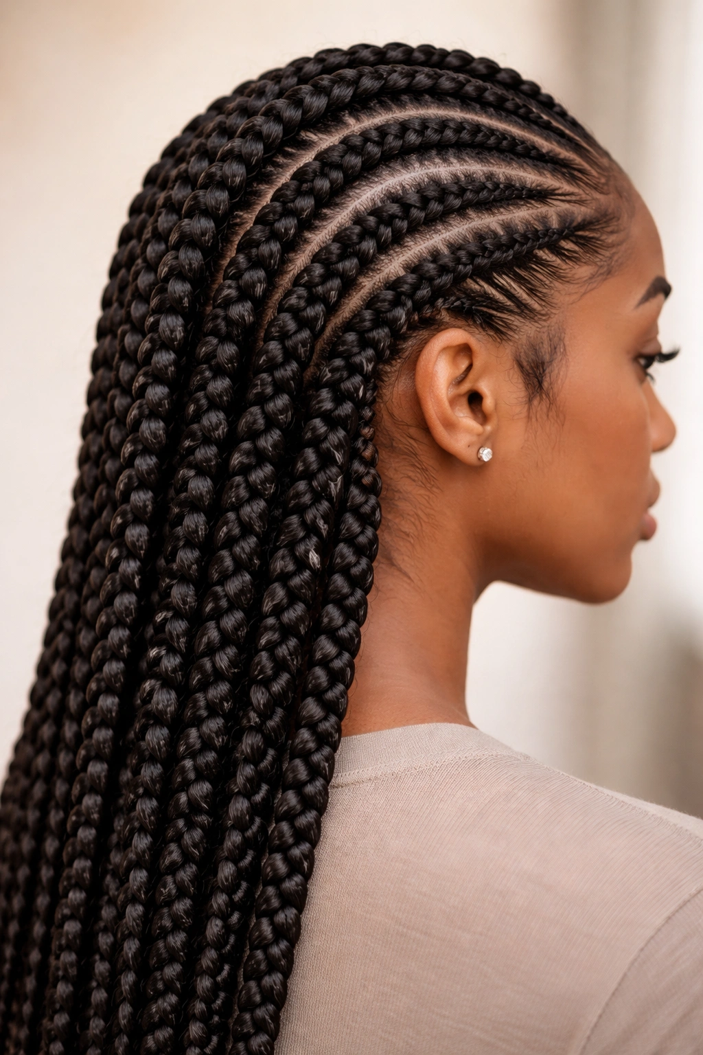 Flat twists feeding into thicker box braids creating ombre density