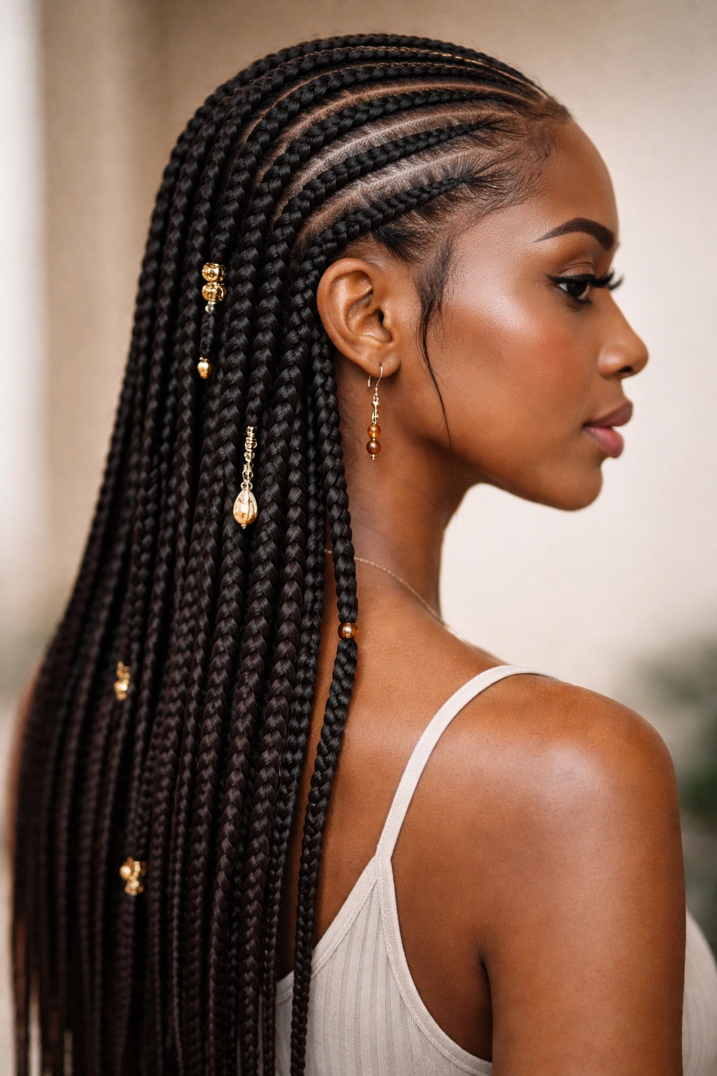 Side view of Feed-In Fulani Braids showing gradually thickening braid
