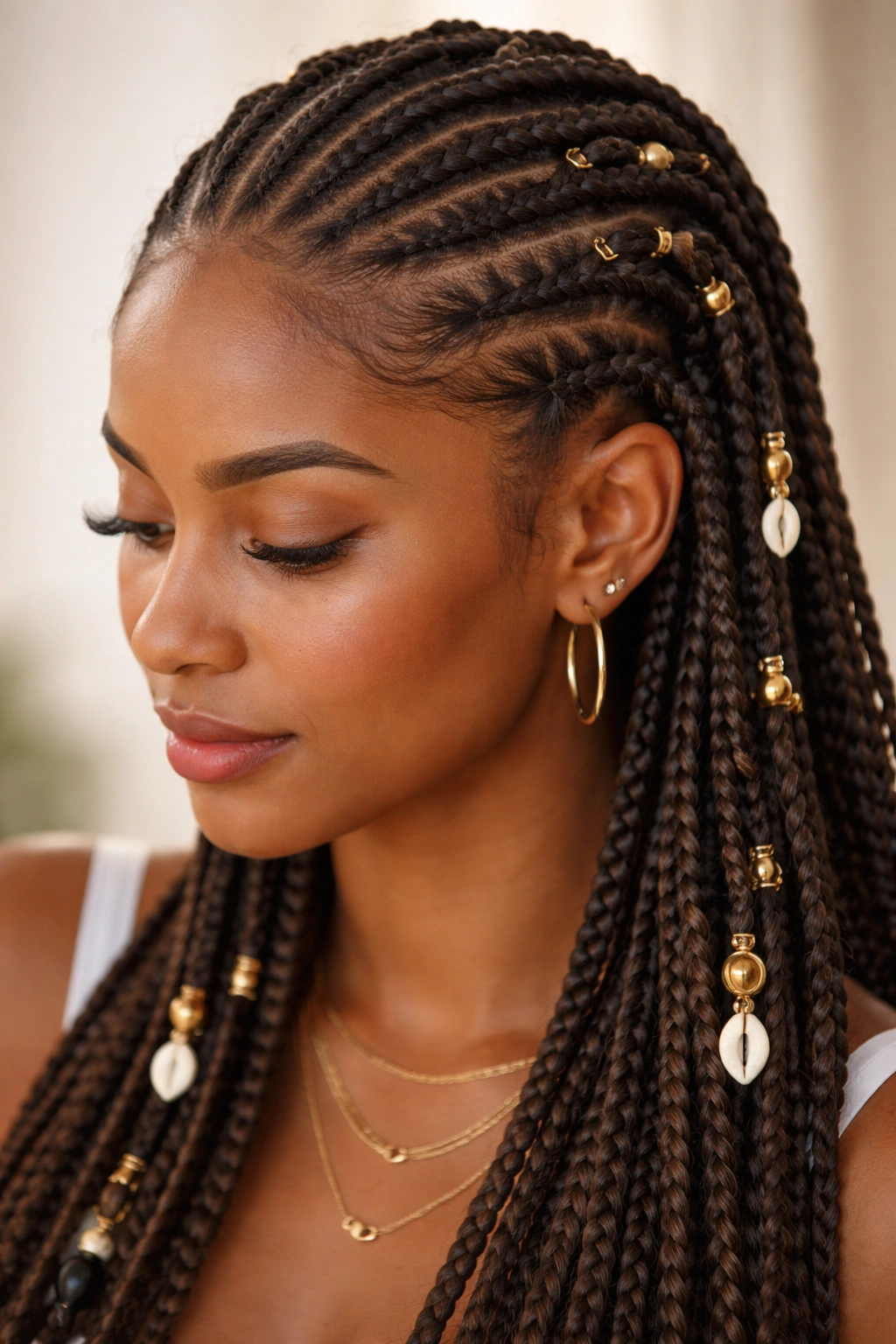 Close-up of feed-in Fulani braids with invisible roots blending into natural hairline
