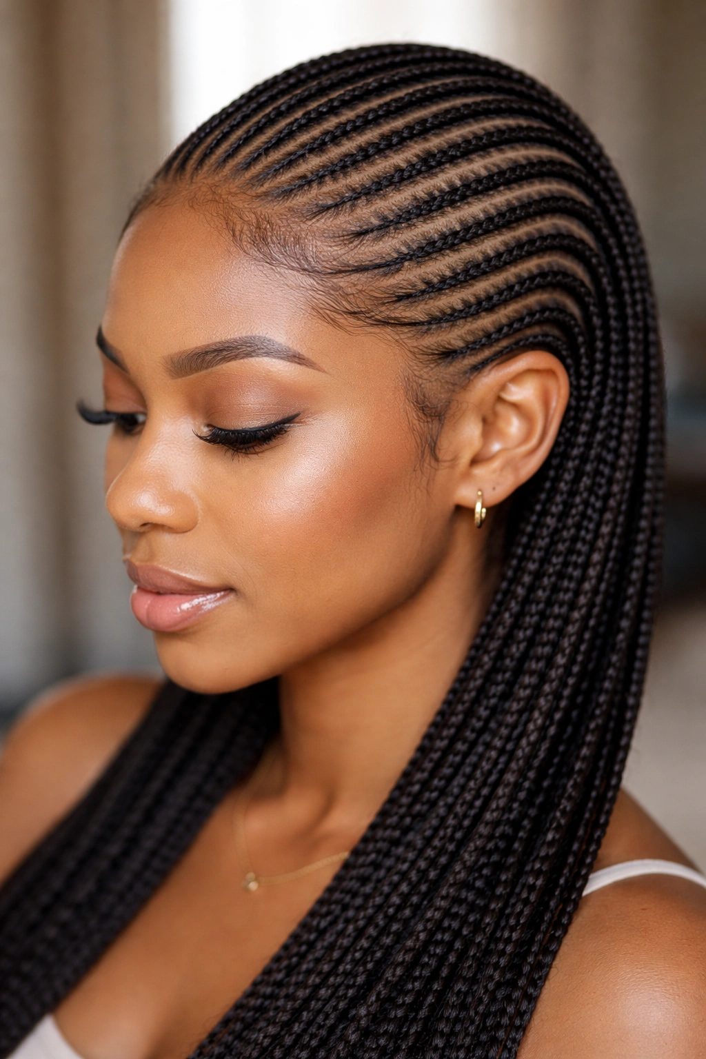 Close-up of feed-in micro cornrows with seamless fullness along the scalp