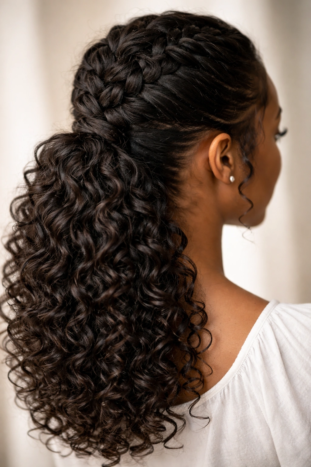 Close-up of a curly hairstyle showing a loose feed-in braid with cascading curls woven through.