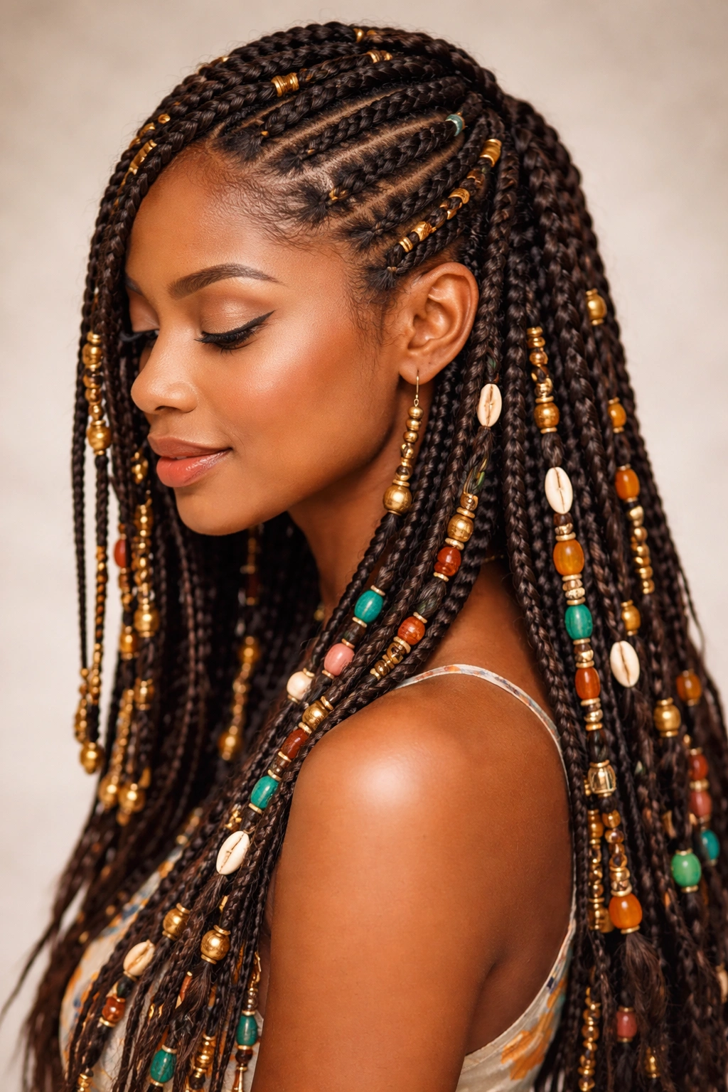 Close-up of festival hairstyle with mixed braids and beads on a model head.