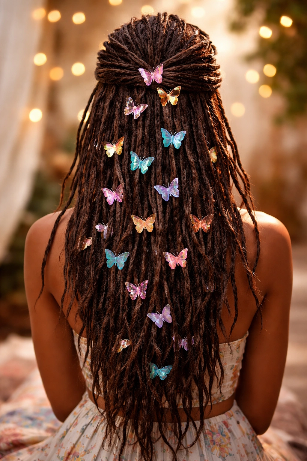 Back view of locs with a cascade of butterfly clips