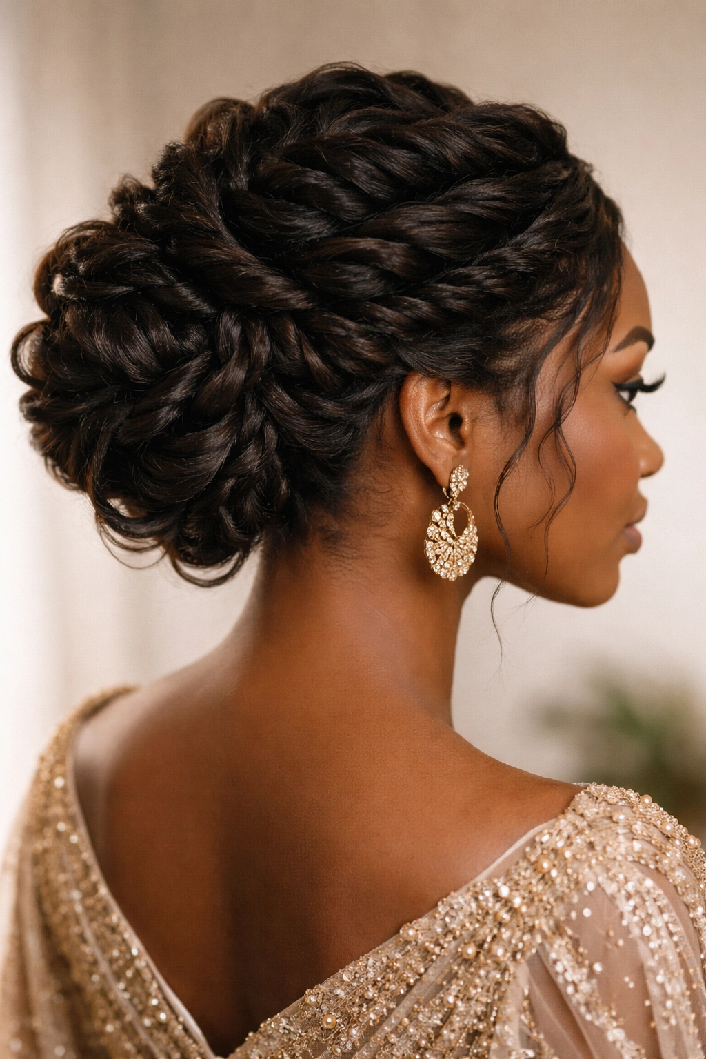 Close-up of a Yoruba festival twisted updo with varying twists on crown and back of head