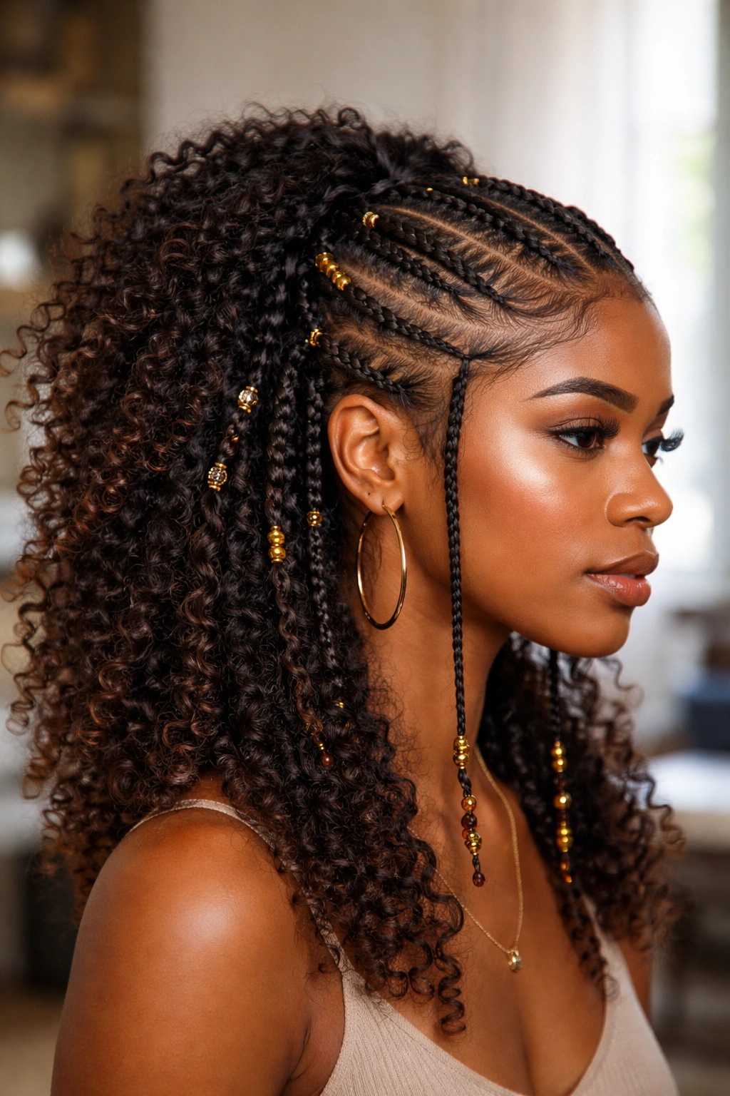 Side-profile of finished Fulani braid look on curly hair