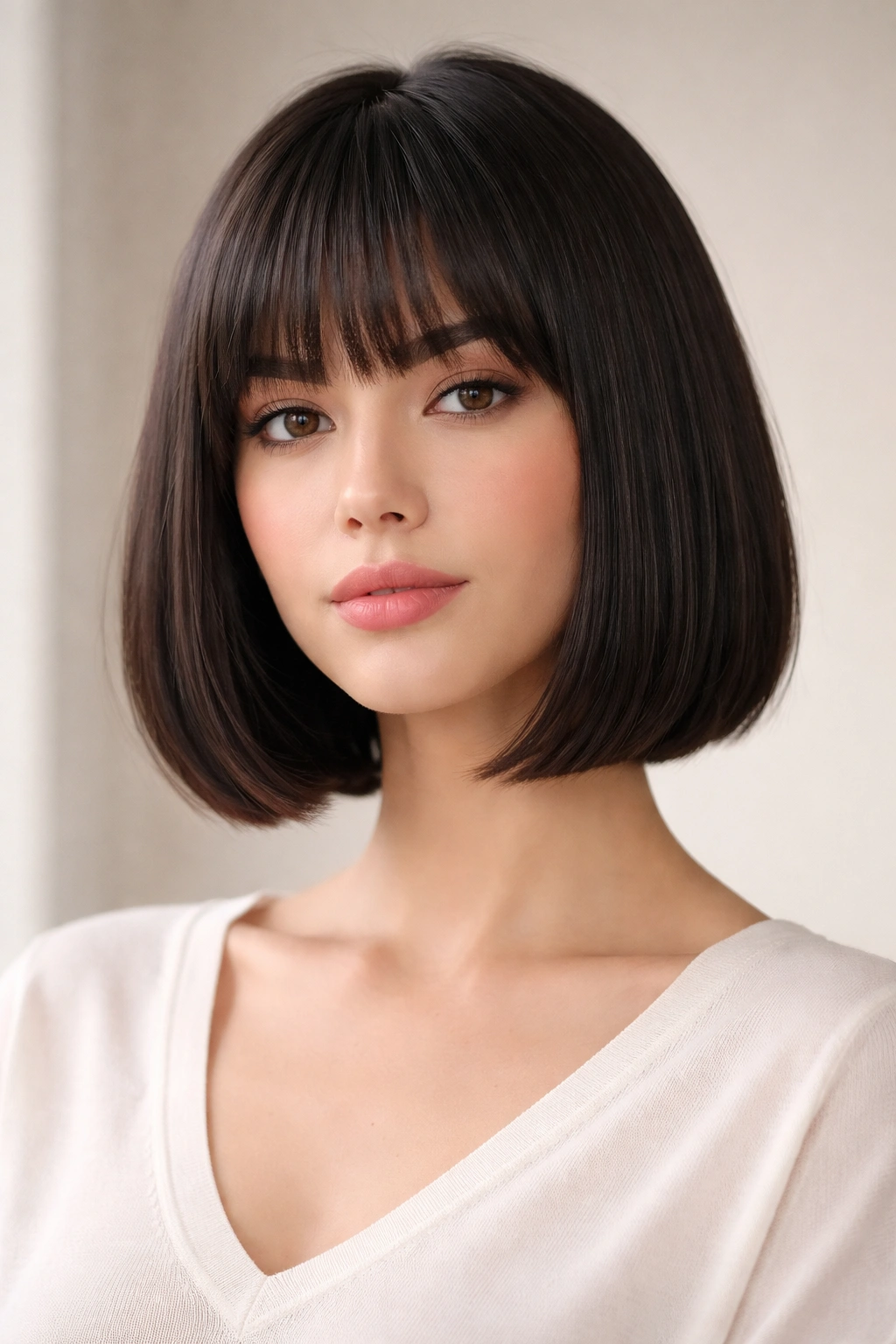 Minimal studio portrait of a straight-haired bob with bangs.