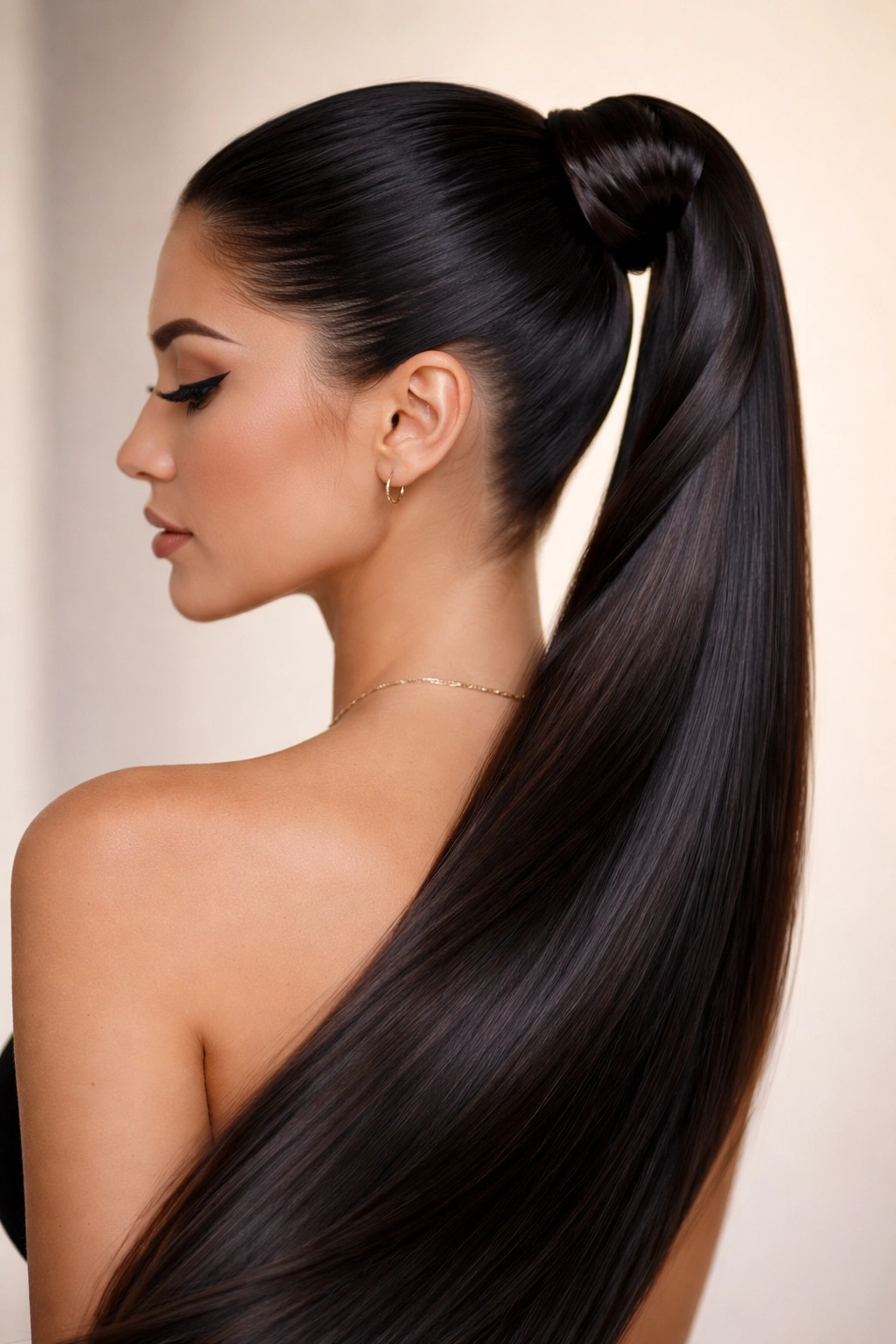 Minimalist single double weave ponytail with high shine