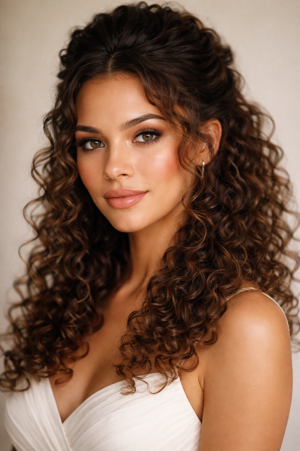Portrait of a person with curly hair in a formal hairstyle